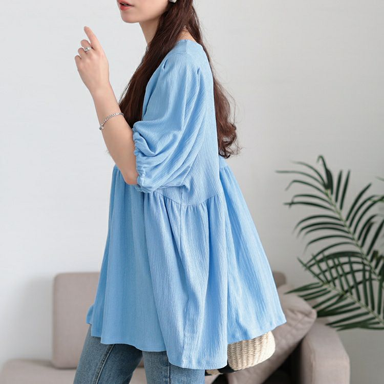 大きいサイズ レディース 楊柳パフスリーブペプラムチュニック　mncut-152316