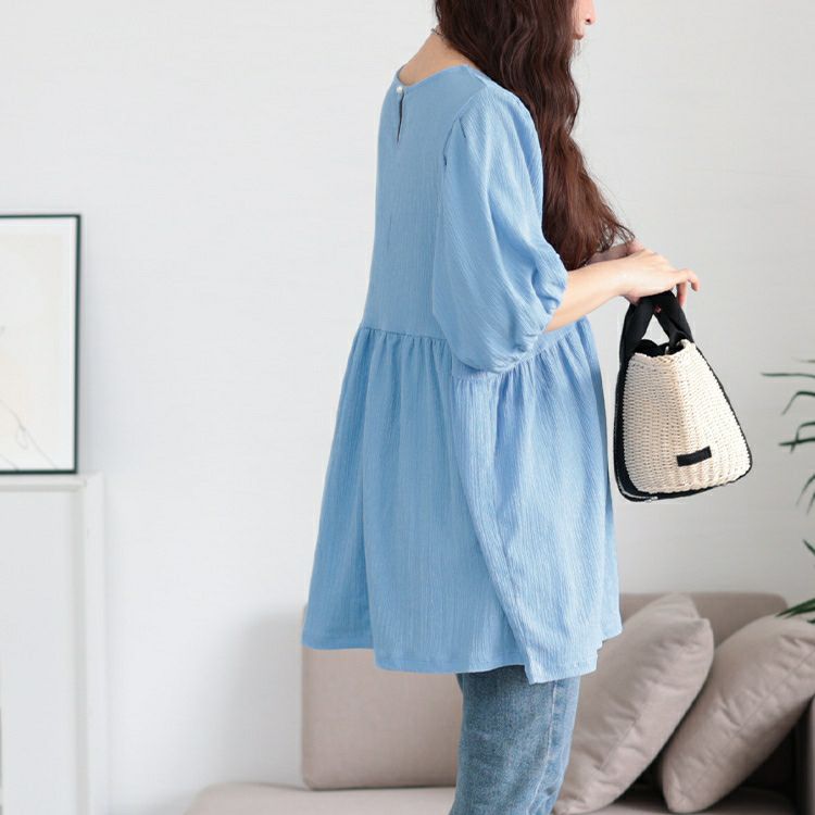 大きいサイズ レディース 楊柳パフスリーブペプラムチュニック　mncut-152316