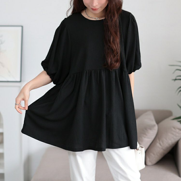 大きいサイズ レディース 楊柳パフスリーブペプラムチュニック　mncut-152316
