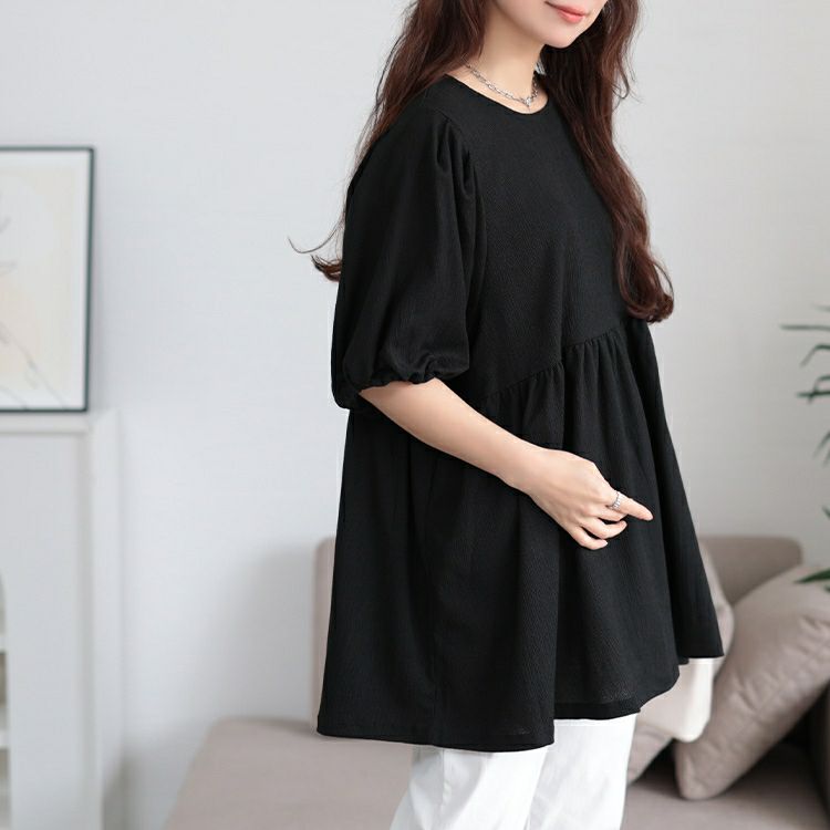 大きいサイズ レディース 楊柳パフスリーブペプラムチュニック　mncut-152316