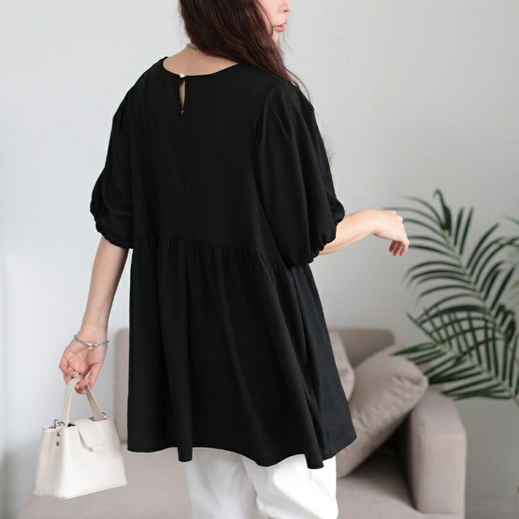大きいサイズ レディース 楊柳パフスリーブペプラムチュニック　mncut-152316