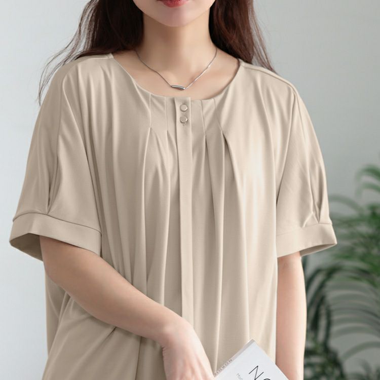 大きいサイズ レディース ラウンドネックタックドルマンプルオーバー　mncut-152319【メール便可】