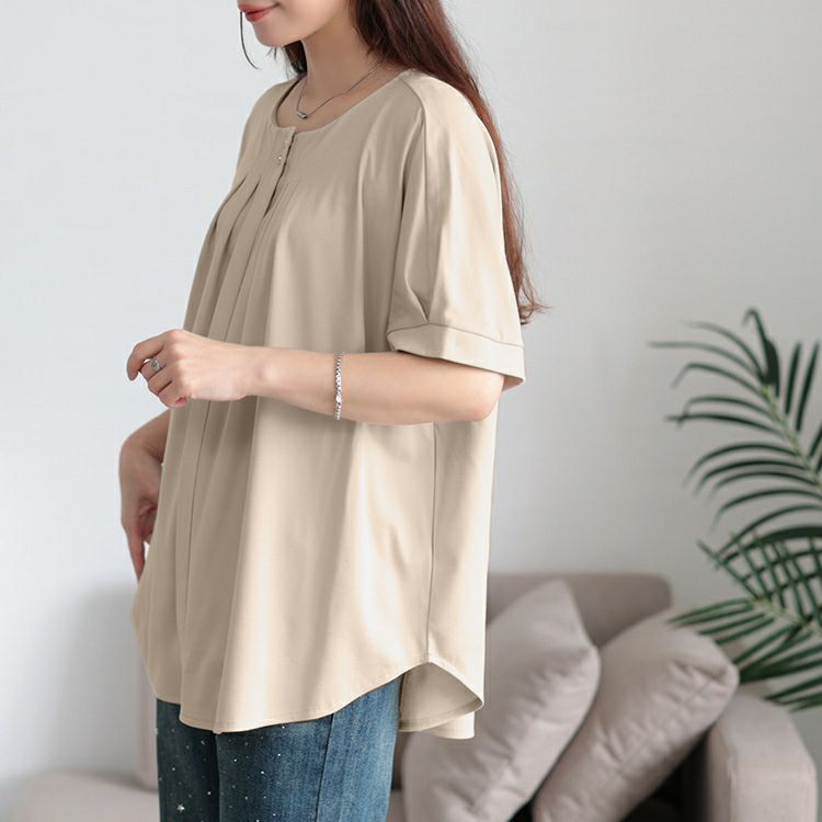 大きいサイズ レディース ラウンドネックタックドルマンプルオーバー　mncut-152319【メール便可】