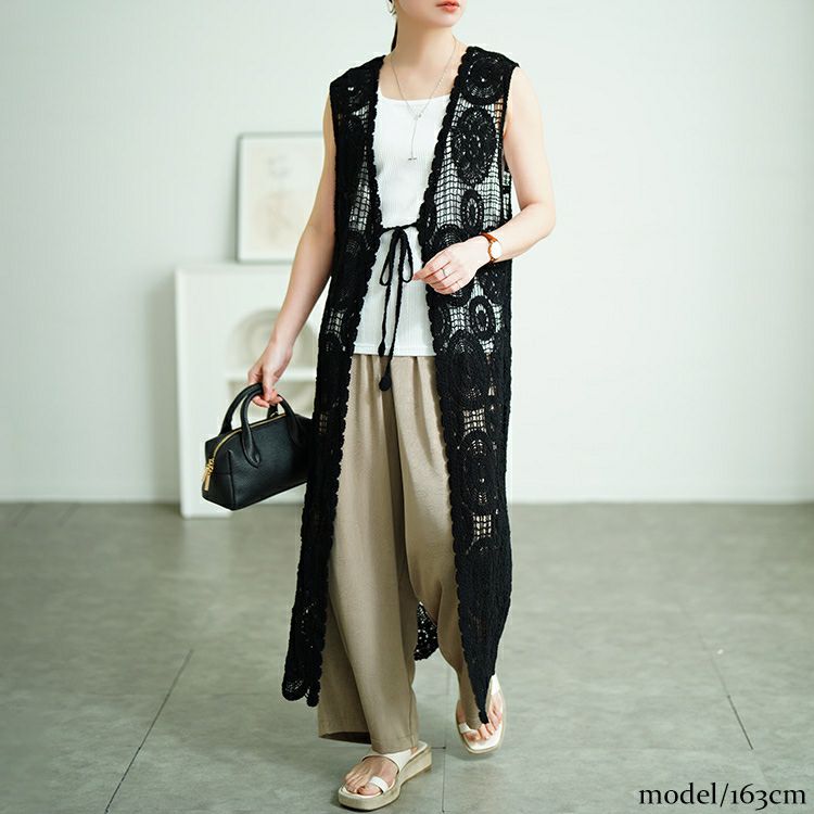 大きいサイズ レディース クロッシェ編みロングジレ　sada-6932