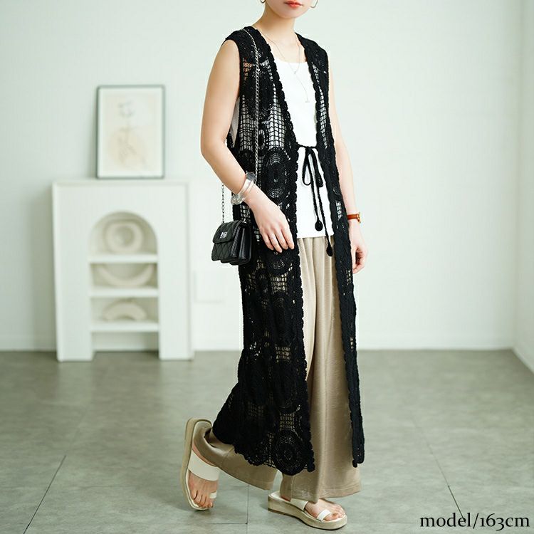 大きいサイズ レディース クロッシェ編みロングジレ　sada-6932