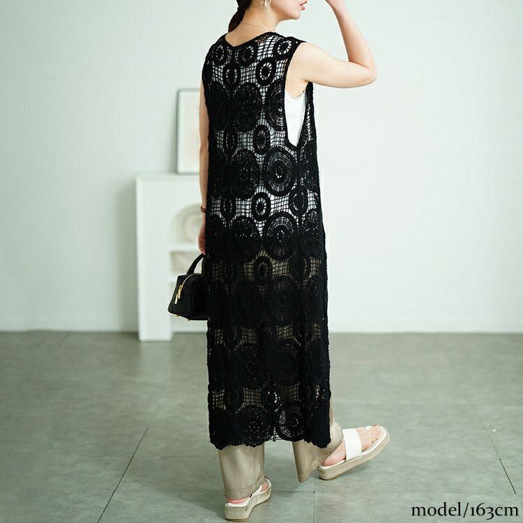 大きいサイズ レディース クロッシェ編みロングジレ　sada-6932