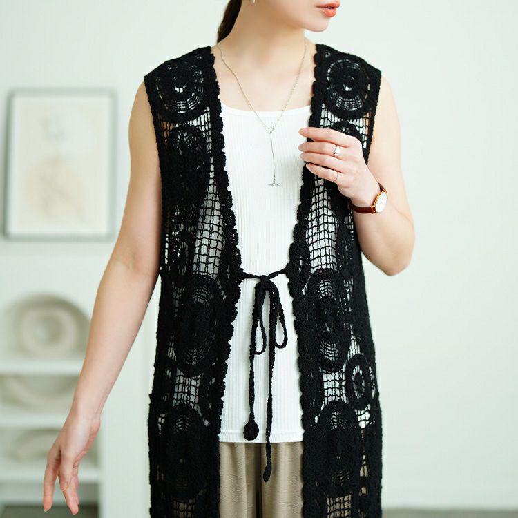 大きいサイズ レディース クロッシェ編みロングジレ　sada-6932