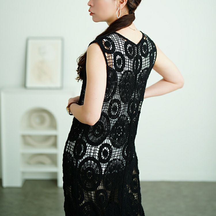 大きいサイズ レディース クロッシェ編みロングジレ　sada-6932