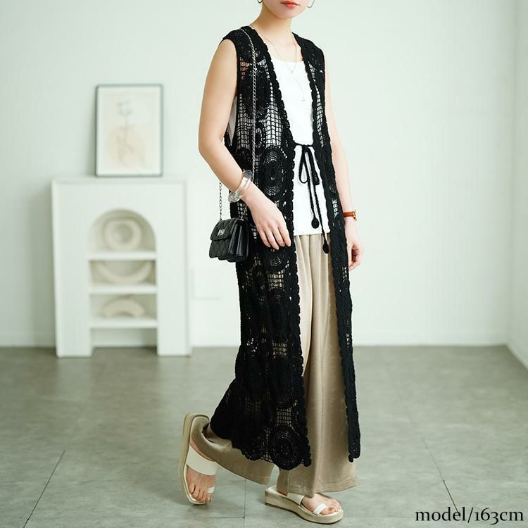 大きいサイズ レディース クロッシェ編みロングジレ　sada-6932 ブラック