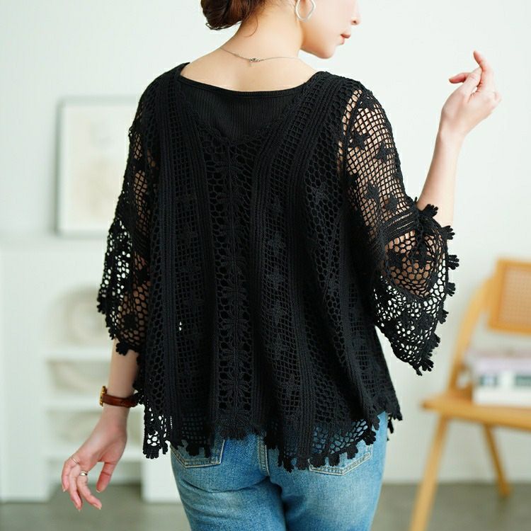 大きいサイズ レディース クロッシェ編みプルオーバー　sada-6933