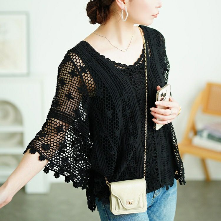 大きいサイズ レディース クロッシェ編みプルオーバー　sada-6933