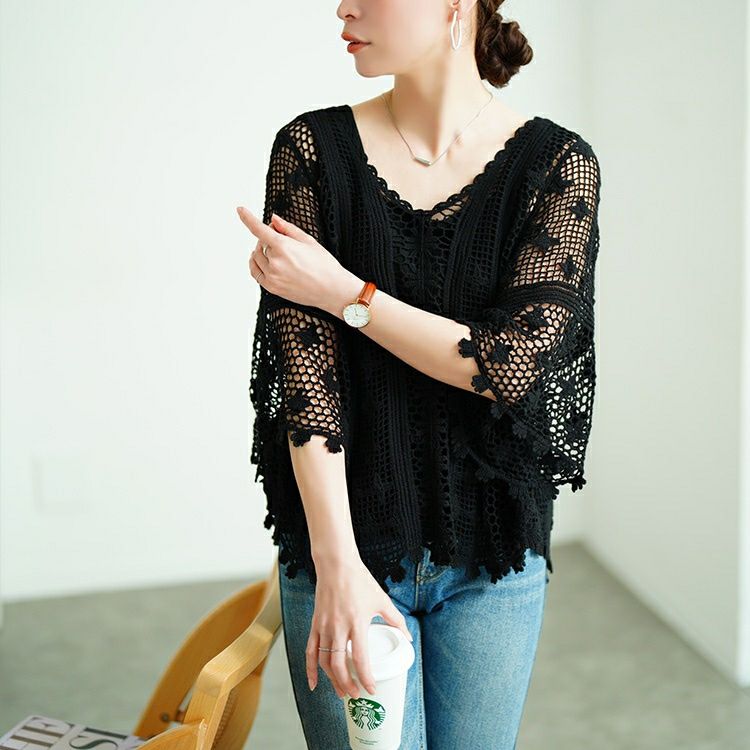 大きいサイズ レディース クロッシェ編みプルオーバー　sada-6933