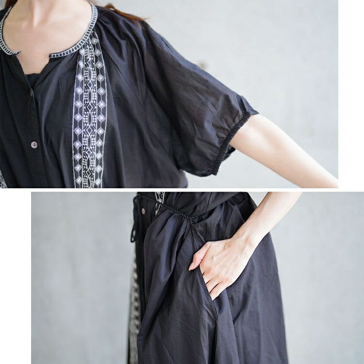 大きいサイズ レディース リボン紐付きエスニック風シャツワンピース　kt-24mi7【メール便可】