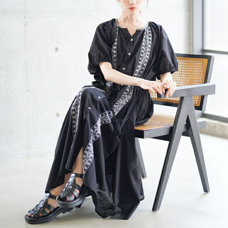 大きいサイズ レディース リボン紐付きエスニック風シャツワンピース　kt-24mi7【メール便可】