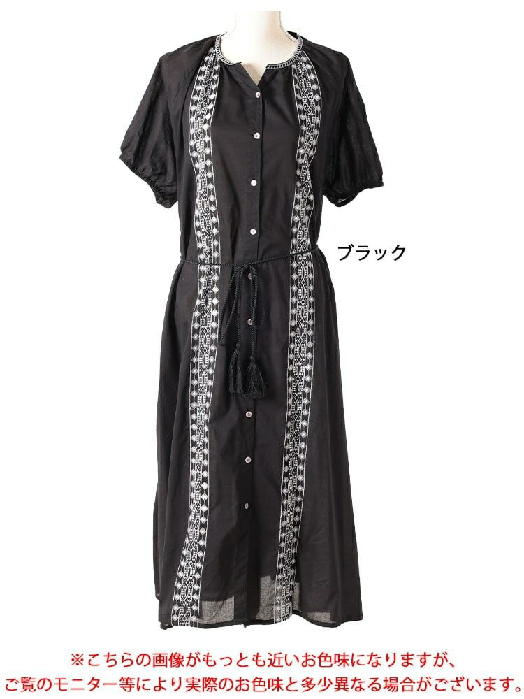 大きいサイズ レディース リボン紐付きエスニック風シャツワンピース　kt-24mi7【メール便可】