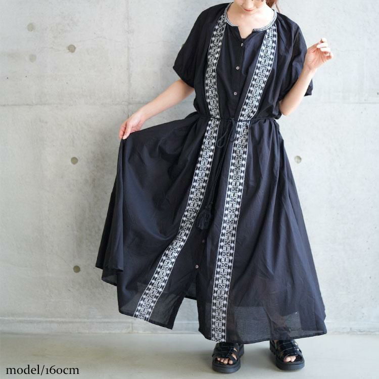 大きいサイズ レディース リボン紐付きエスニック風シャツワンピース　kt-24mi7【メール便可】 ブラック