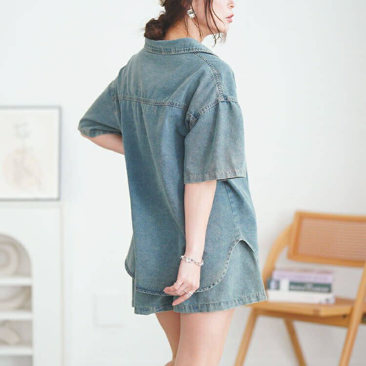 大きいサイズ レディース デニムシャツ＆ショートパンツセットアップ　goldy-1690