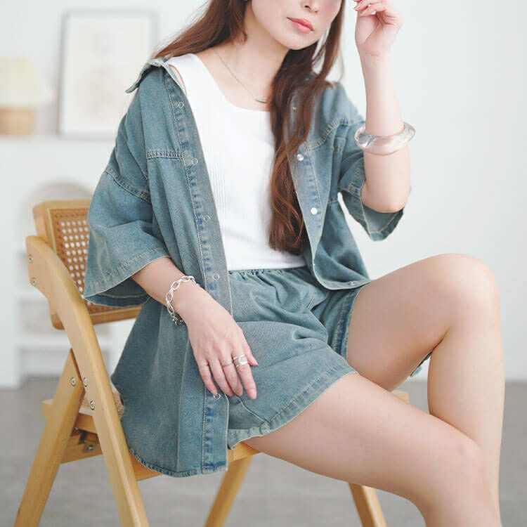 大きいサイズ レディース デニムシャツ＆ショートパンツセットアップ　goldy-1690