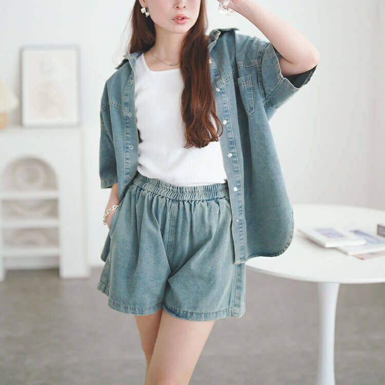 大きいサイズ レディース デニムシャツ＆ショートパンツセットアップ　goldy-1690