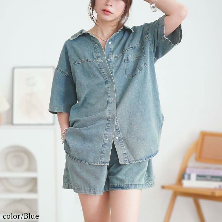 大きいサイズ レディース デニムシャツ＆ショートパンツセットアップ　goldy-1690 ブルー