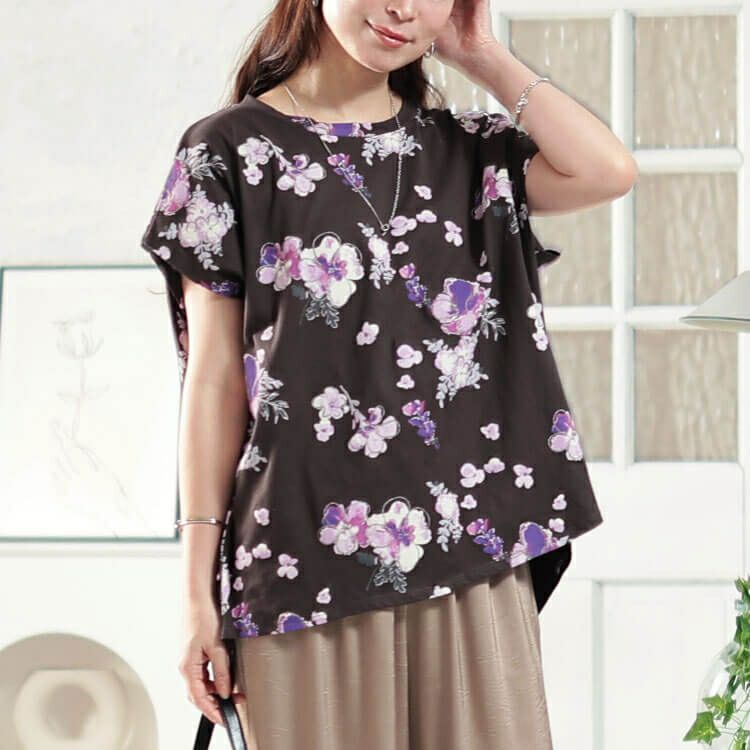 大きいサイズ レディース 接触冷感花柄コットンTシャツ　plan-281517 【メール便可】