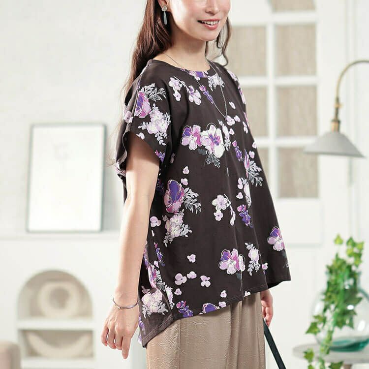大きいサイズ レディース 接触冷感花柄コットンTシャツ　plan-281517 【メール便可】
