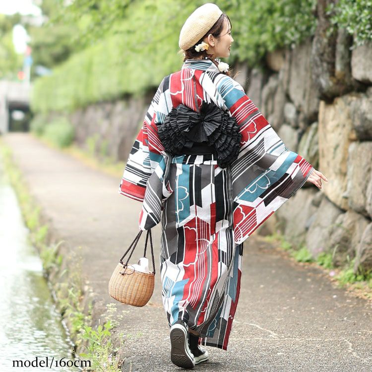 大きいサイズ レディース 【シアー浴衣】浴衣4点セット 矢羽根柄 上下セパレート浴衣＆結び帯＆インナー（4点）　yukata-s15s