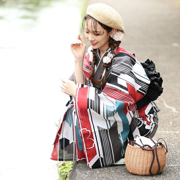 大きいサイズ レディース 【シアー浴衣】浴衣4点セット 矢羽根柄 上下セパレート浴衣＆結び帯＆インナー（4点）　yukata-s15s