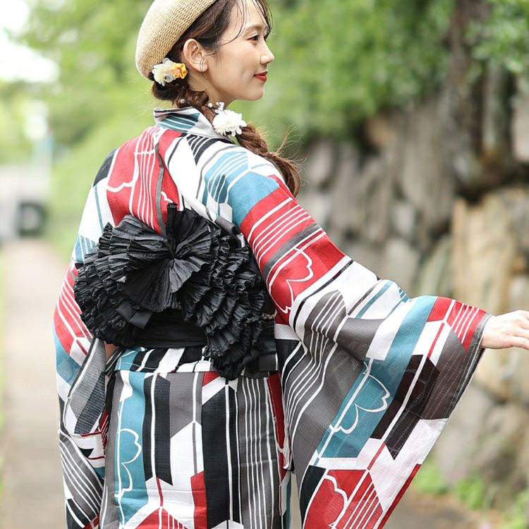 大きいサイズ レディース 【シアー浴衣】浴衣4点セット 矢羽根柄 上下セパレート浴衣＆結び帯＆インナー（4点）　yukata-s15s