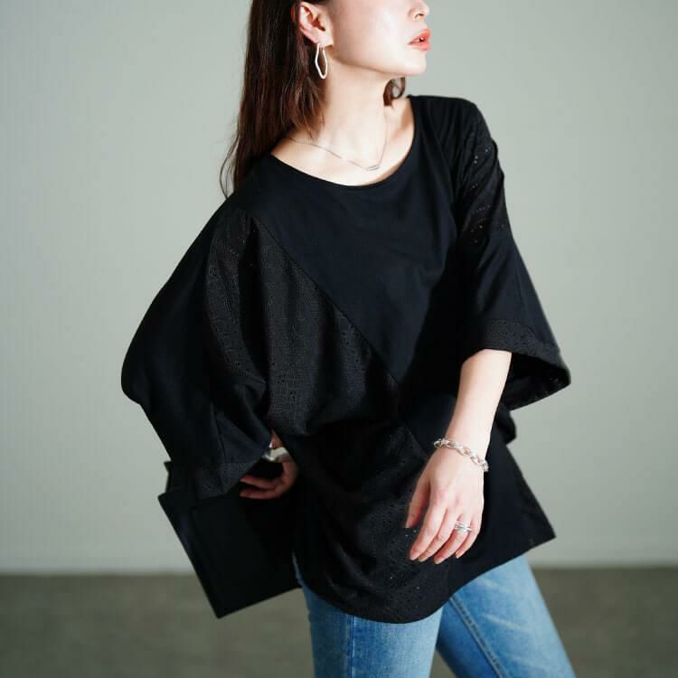 大きいサイズ レディース レース切り替えドルマンプルオーバー　sum-0006 【メール便可】 ブラック