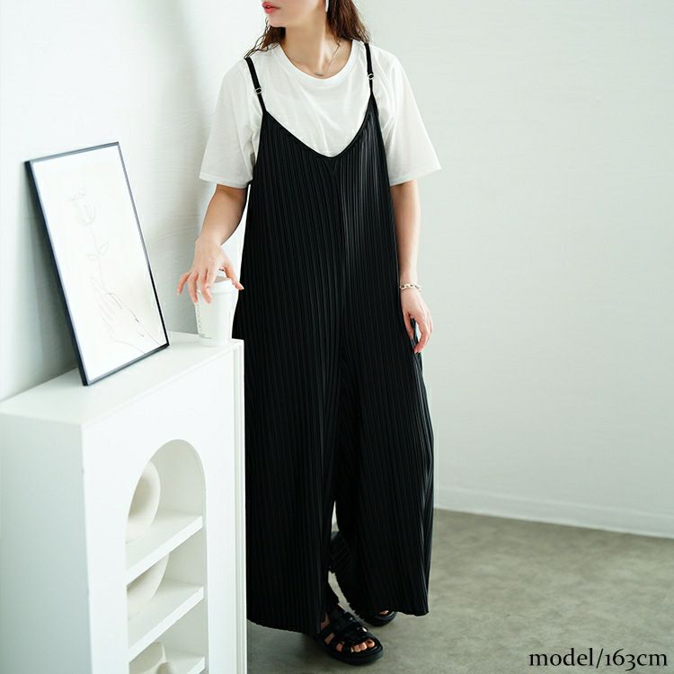大きいサイズ レディース ランダムプリーツワイドサロペット＆Tシャツ2点セット　plan-481004