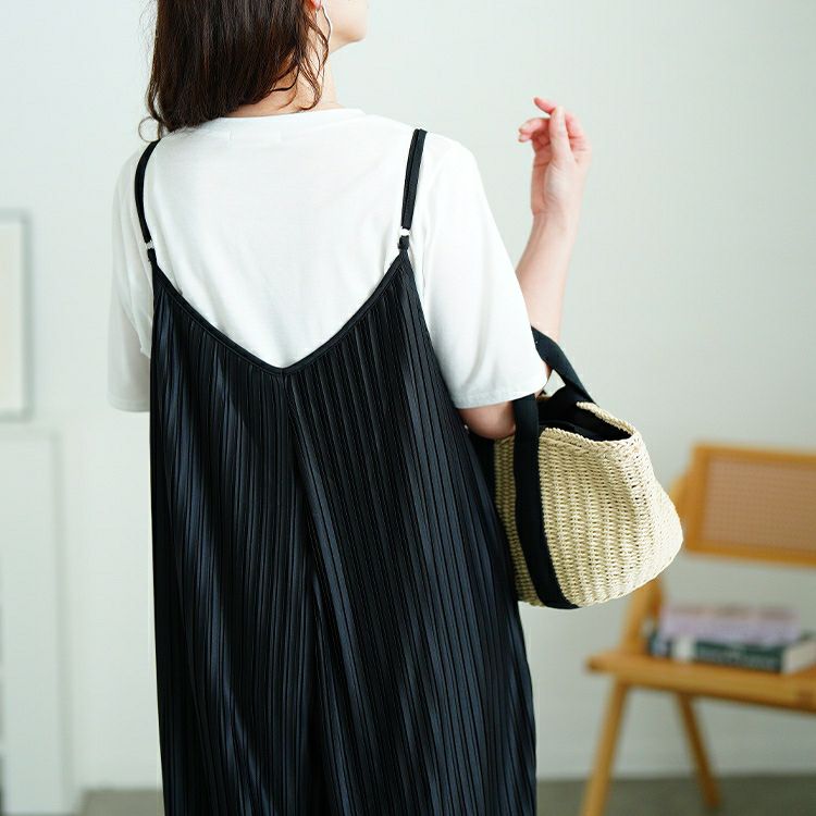 大きいサイズ レディース ランダムプリーツワイドサロペット＆Tシャツ2点セット　plan-481004