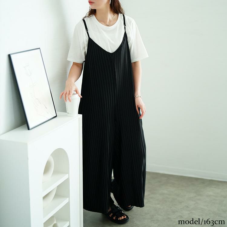 大きいサイズ レディース ランダムプリーツワイドサロペット＆Tシャツ2点セット　plan-481004 ブラック