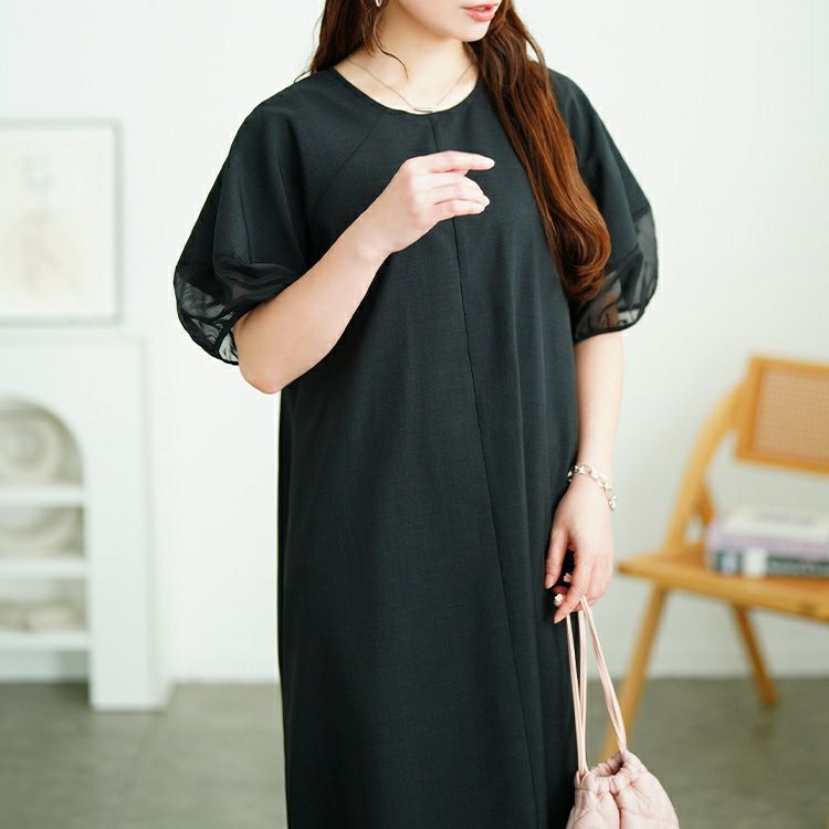 大きいサイズ レディース シアー切り替えパフスリーブ麻調ワンピース　plan-381008 【メール便可】