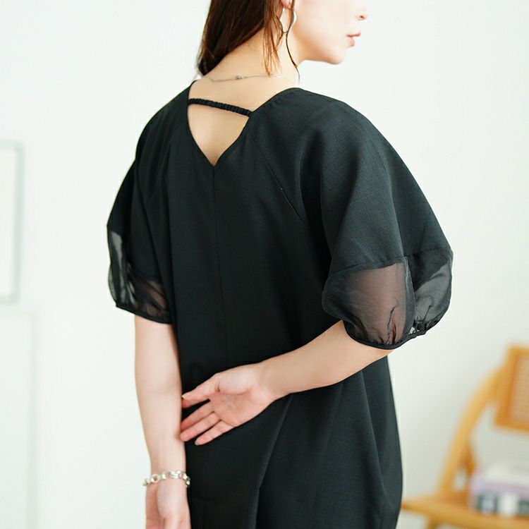 大きいサイズ レディース シアー切り替えパフスリーブ麻調ワンピース　plan-381008 【メール便可】