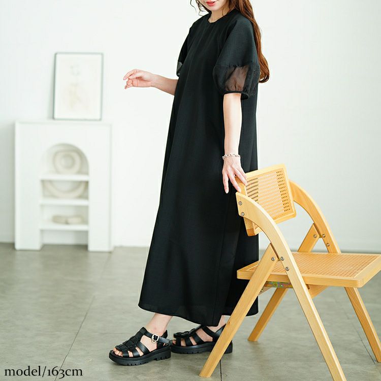 大きいサイズ レディース シアー切り替えパフスリーブ麻調ワンピース　plan-381008 【メール便可】