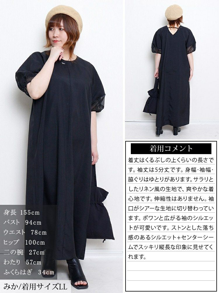 大きいサイズ レディース シアー切り替えパフスリーブ麻調ワンピース　plan-381008 【メール便可】
