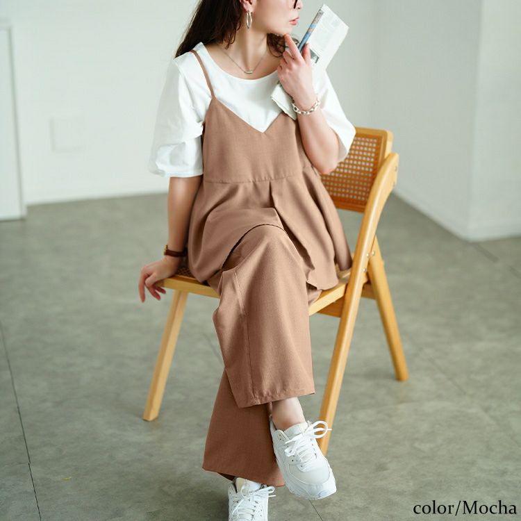 大きいサイズ レディース 麻調ペプラムキャミソール＆ワイドパンツ2点セット　plan-381010