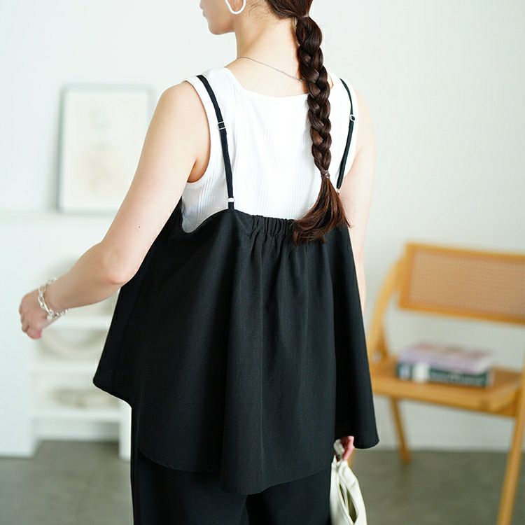 大きいサイズ レディース 麻調ペプラムキャミソール＆ワイドパンツ2点セット　plan-381010