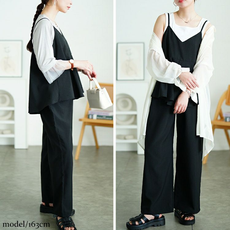 大きいサイズ レディース 麻調ペプラムキャミソール＆ワイドパンツ2点セット　plan-381010