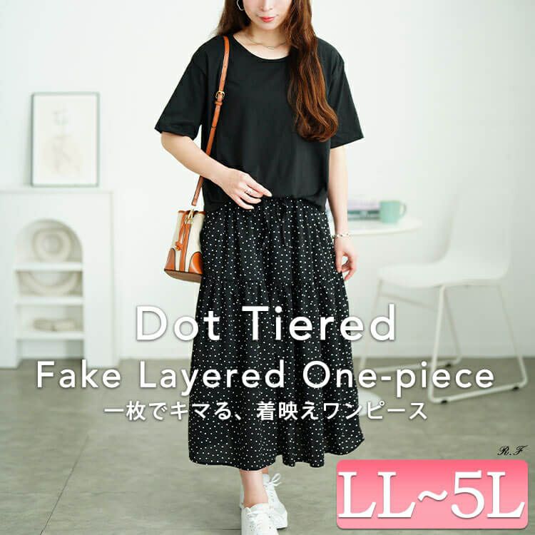 大きいサイズ レディース ドット柄ドッキングティアードワンピース　plan-281097