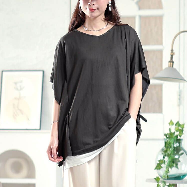 大きいサイズ レディース 接触冷感サイドリボン重ね着風チュニック　plan-281068 【メール便可】