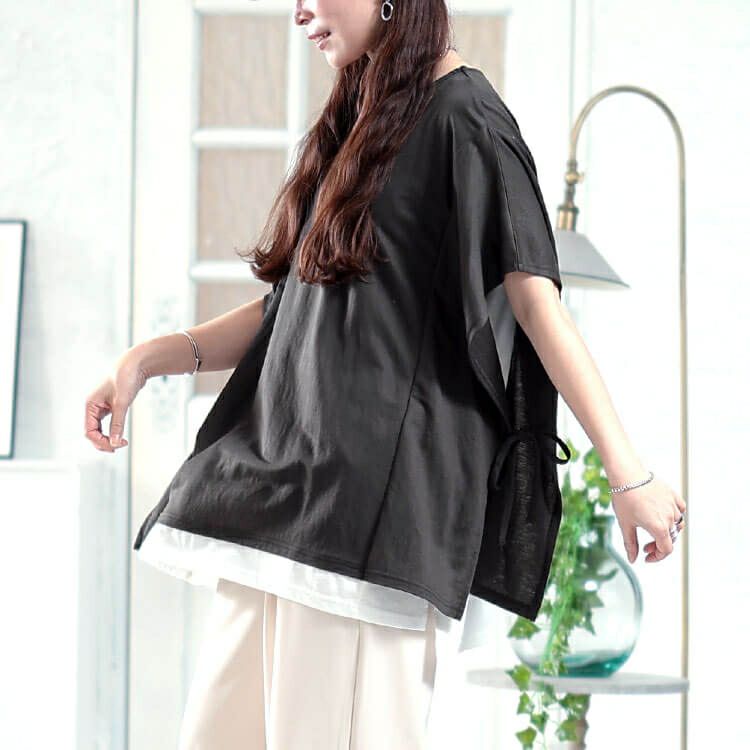 大きいサイズ レディース 接触冷感サイドリボン重ね着風チュニック　plan-281068 【メール便可】