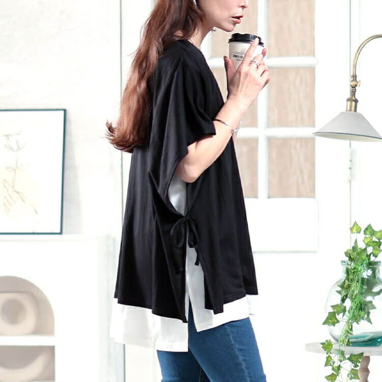 大きいサイズ レディース 接触冷感サイドリボン重ね着風チュニック　plan-281068 【メール便可】