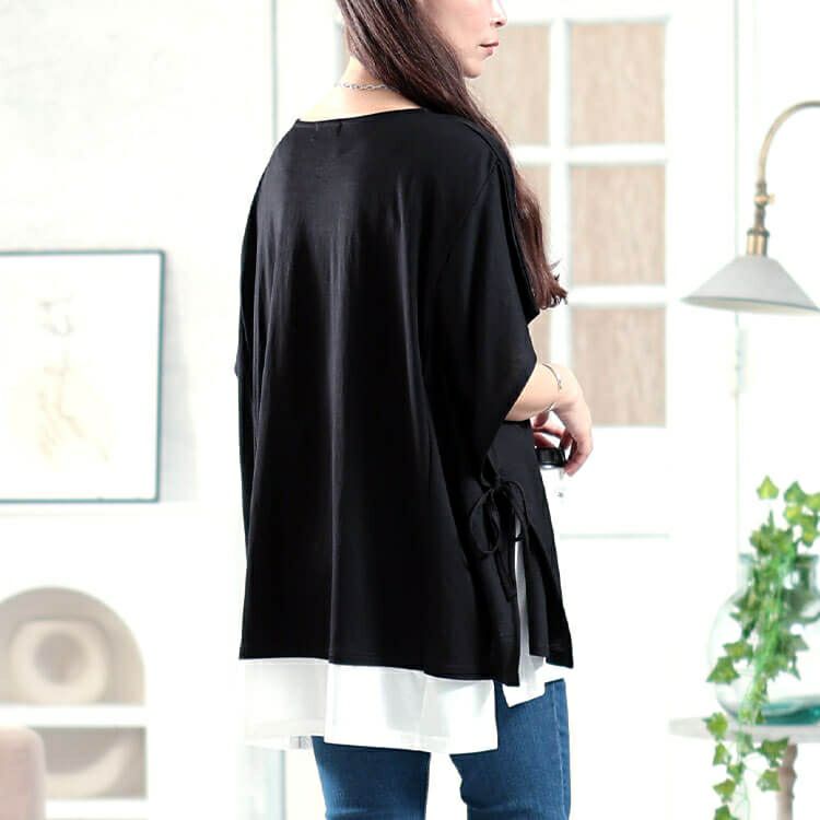 大きいサイズ レディース 接触冷感サイドリボン重ね着風チュニック　plan-281068 【メール便可】