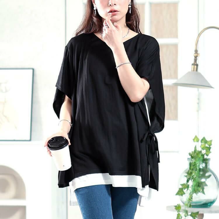 大きいサイズ レディース 接触冷感サイドリボン重ね着風チュニック　plan-281068 【メール便可】 ブラック