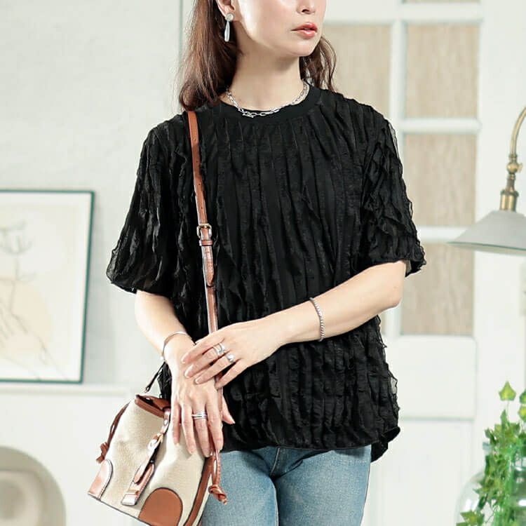 大きいサイズ レディース フリルジャガードプルオーバー　plan-281117 【メール便可】