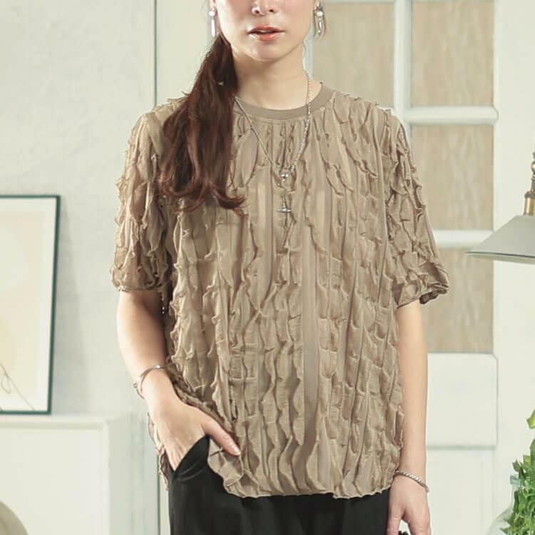 大きいサイズ レディース フリルジャガードプルオーバー　plan-281117 【メール便可】 モカ