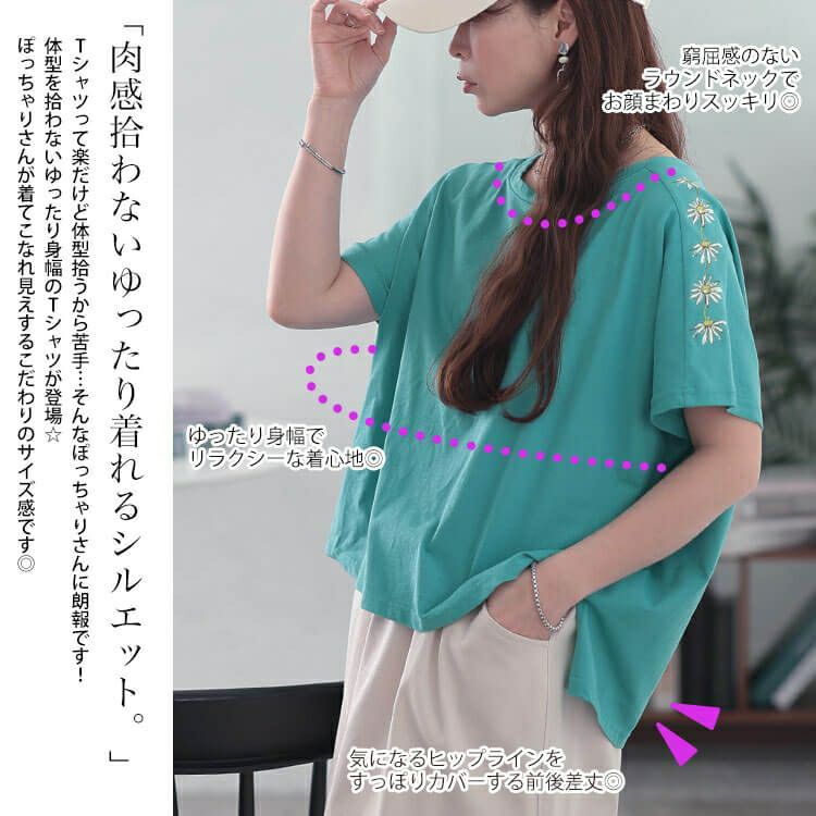 大きいサイズ レディース 接触冷感花柄スリーブコットンTシャツ　plan-281509 【メール便可】