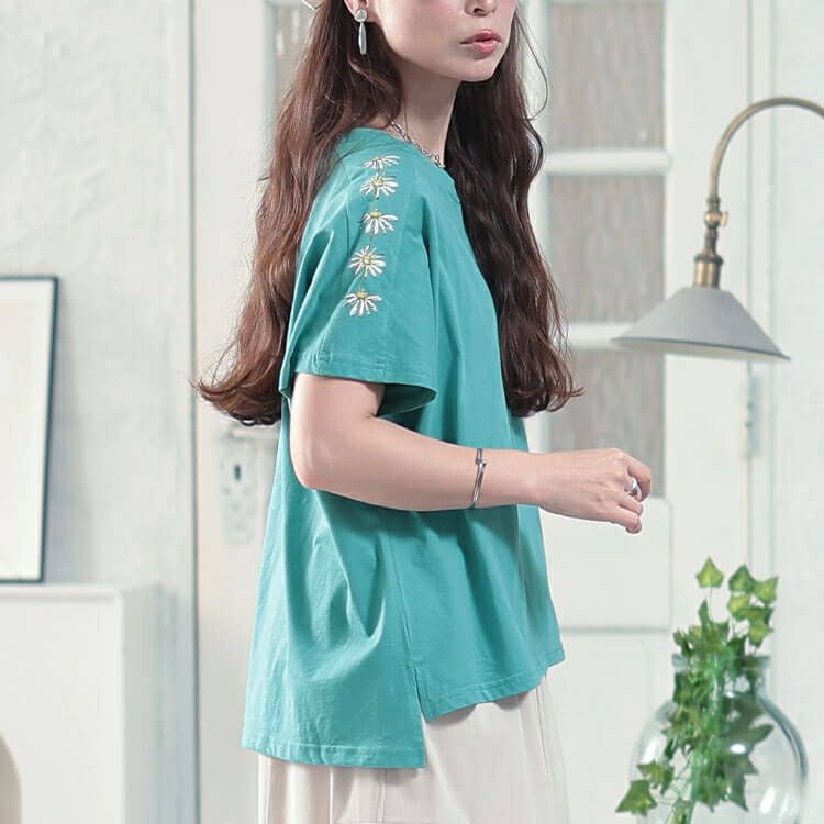 大きいサイズ レディース 接触冷感花柄スリーブコットンTシャツ　plan-281509 【メール便可】